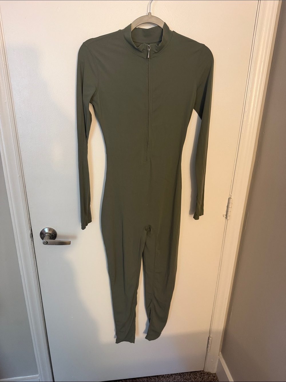 Long-Sleeve Olive Green Zip-Neck Bodysuit Jumpsuit
